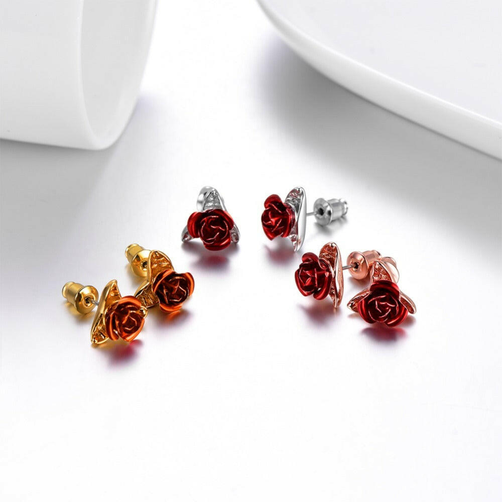 Rose Earrings - 925 Silver Pin Earrings 3PC Mix color