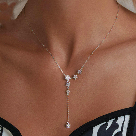 Sterling Silver Pentagram Tassel Necklace - White Gold Plated