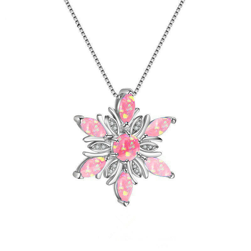 Opal Snowflake Pendant Necklace Pink