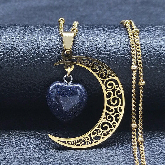 Vintage Moon Heart Necklace - Natural Stone & Stainless Steel Gold 50cm