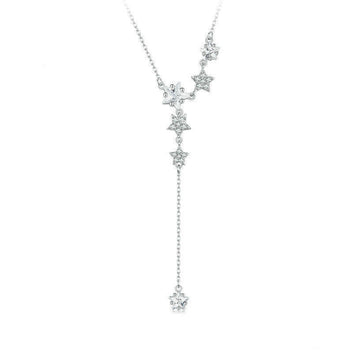 Sterling Silver Pentagram Tassel Necklace - White Gold Plated