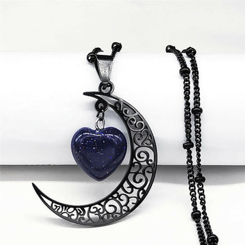 Vintage Moon Heart Necklace - Natural Stone & Stainless Steel Black 50cm